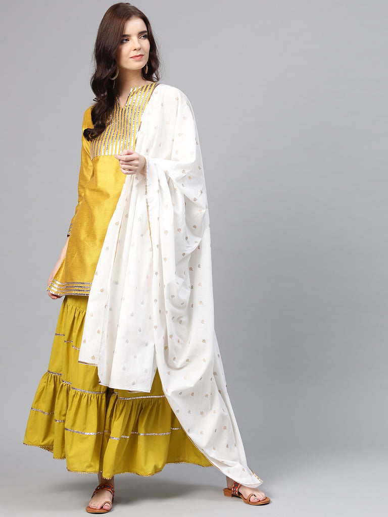 Women's Mustard Striped Kurta With Sharara & Dupatta