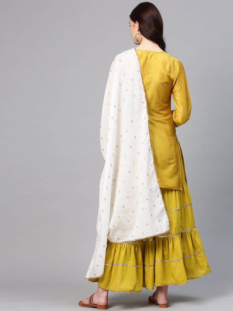 Women's Mustard Striped Kurta With Sharara & Dupatta
