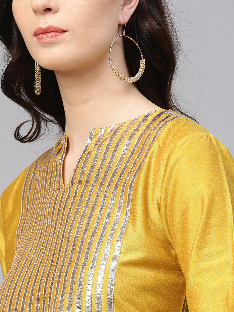 Women's Mustard Striped Kurta With Sharara & Dupatta