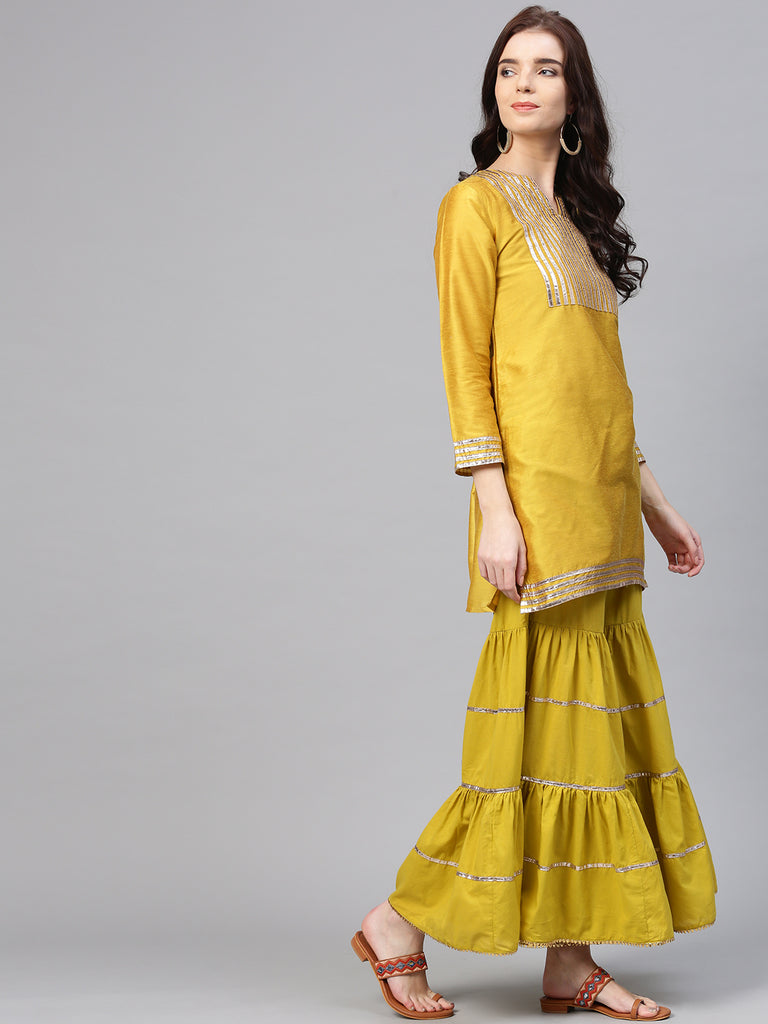 Women's Mustard Striped Kurta With Sharara & Dupatta