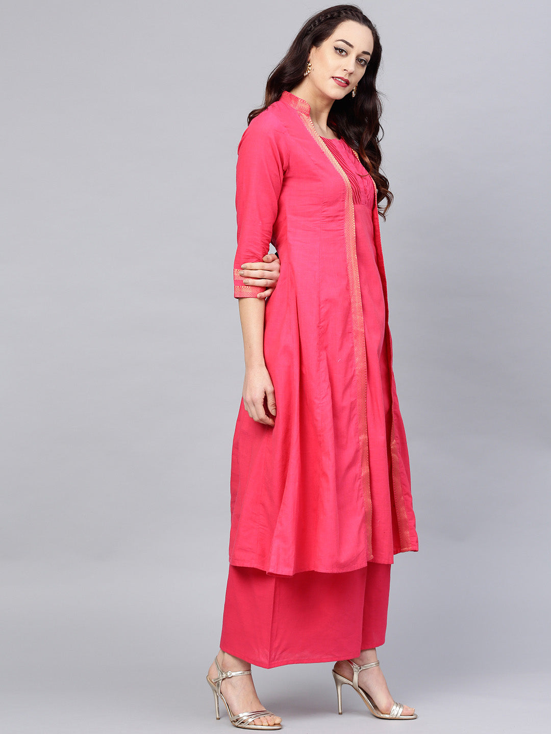 Women's  Fuchsia Pink Solid Pure Cotton Kurta With Palazzos & Jacket - Bhama Couture
