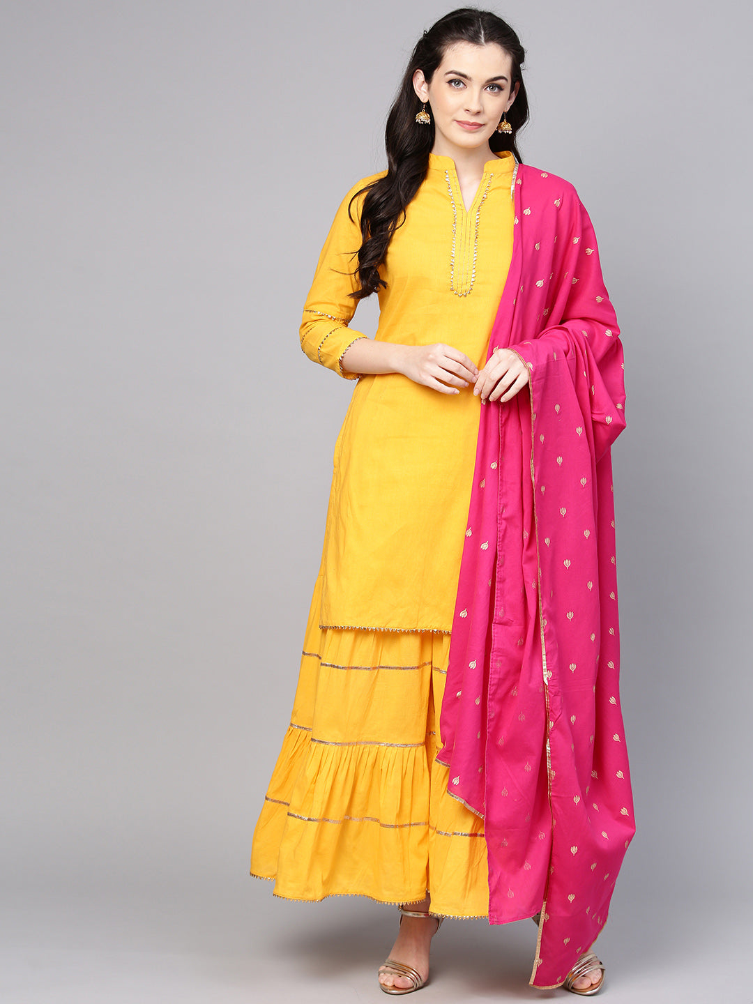 Women's Yellow Solid Kurta With Sharara And Dupatta - Bhama Couture