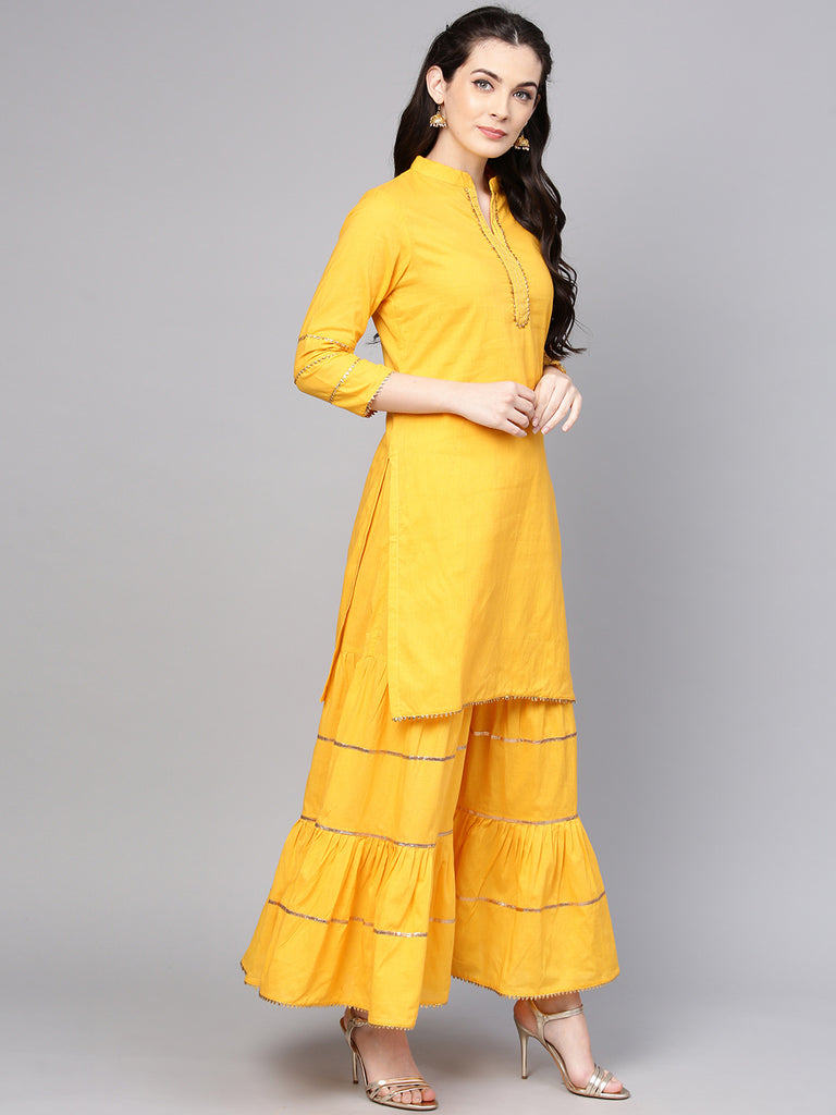Women's Yellow Solid Kurta With Sharara And Dupatta
