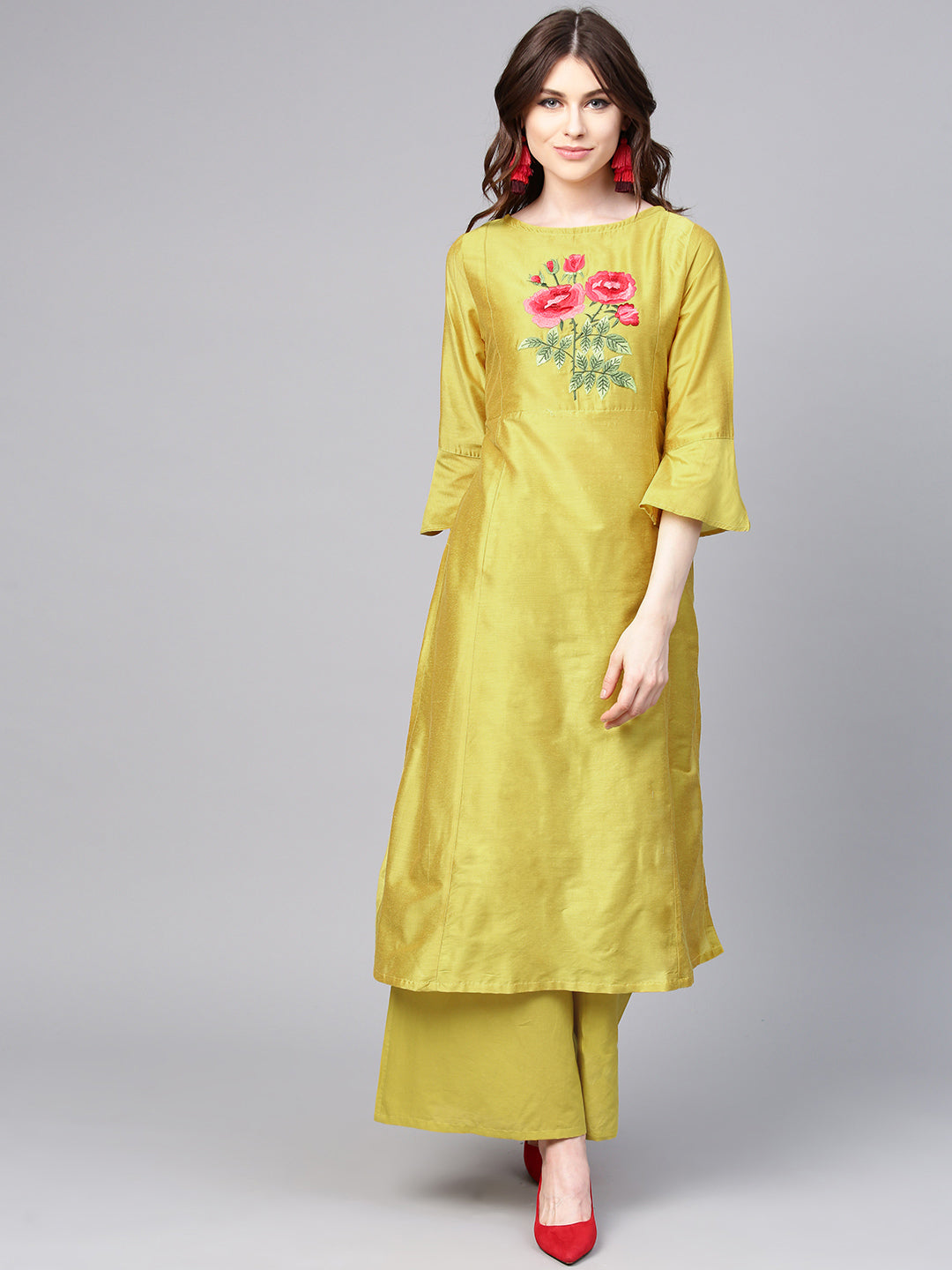 Women's Mustard Yellow Yoke Design Kurta With Palazzos - Bhama Couture