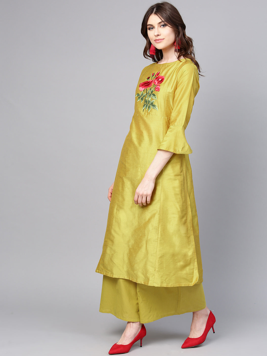 Women's Mustard Yellow Yoke Design Kurta With Palazzos - Bhama Couture