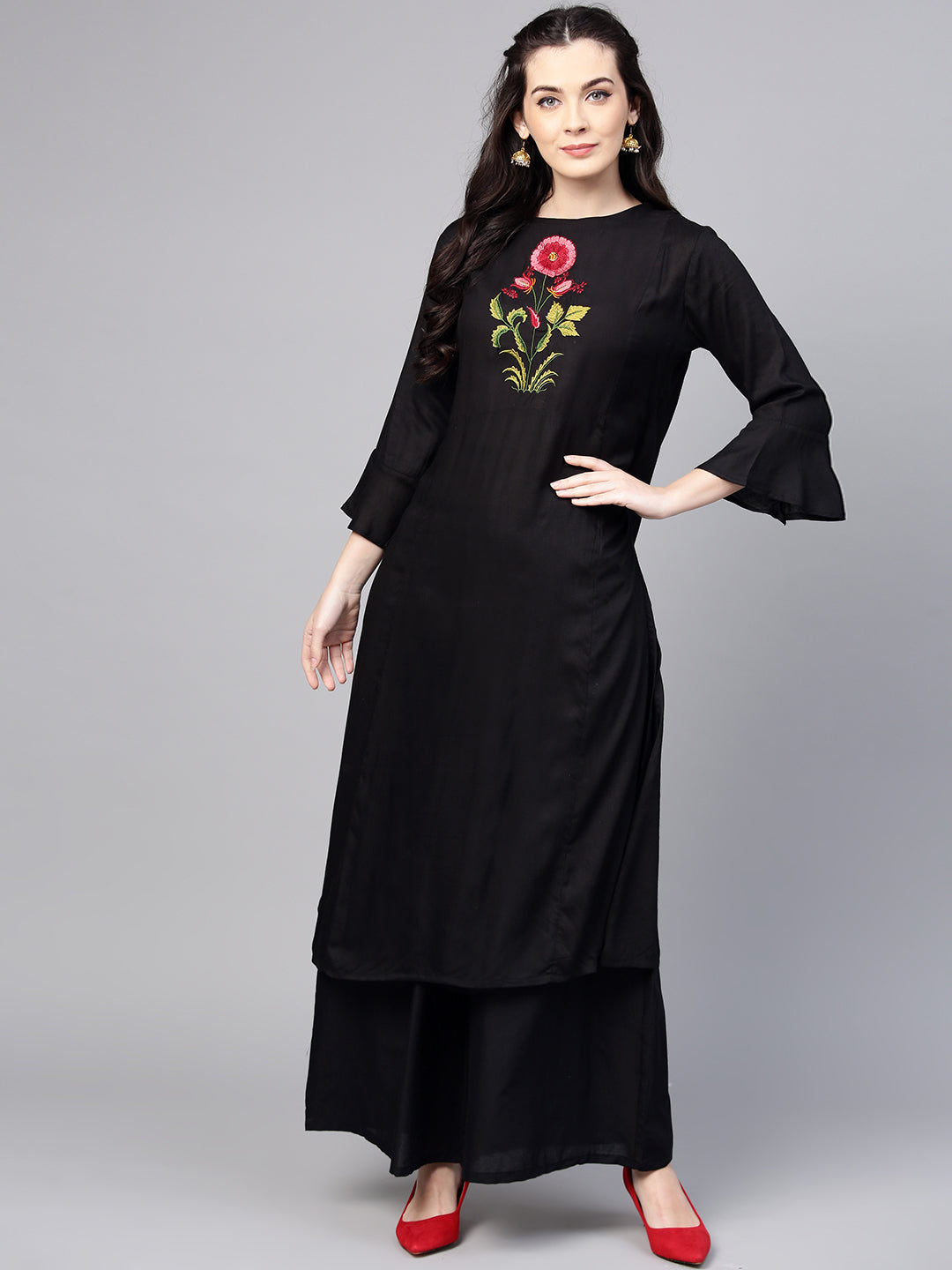 Women's Black Yoke Design Kurta With Palazzos