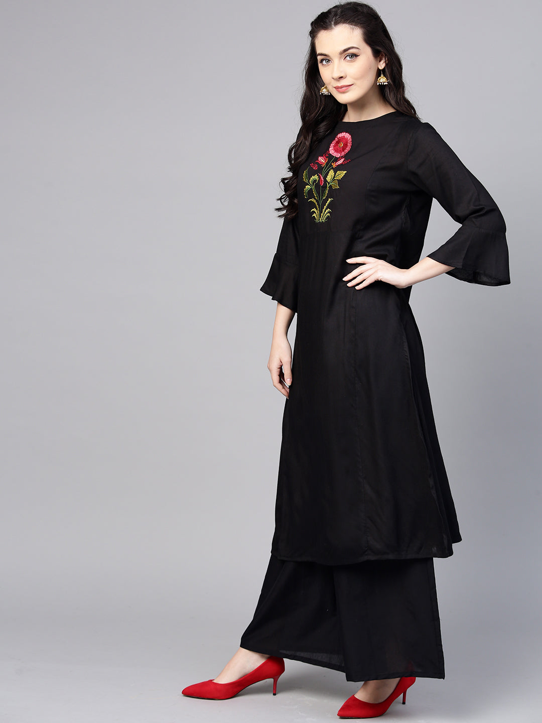 Women's Black Yoke Design Kurta With Palazzos