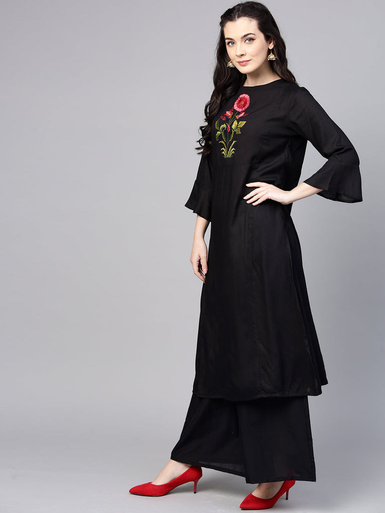 Women's Black Yoke Design Kurta With Palazzos