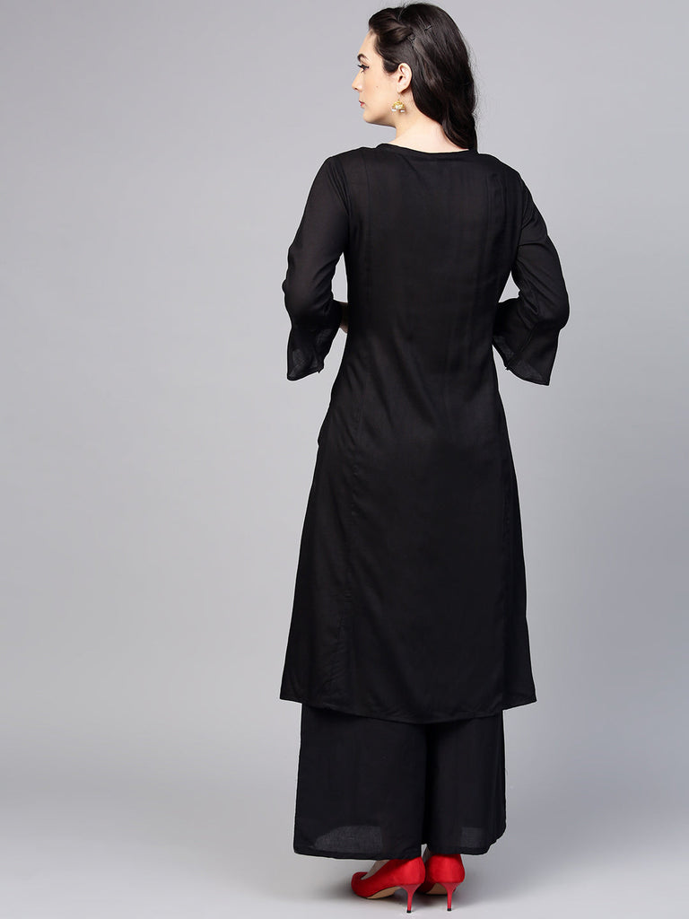 Women's Black Yoke Design Kurta With Palazzos