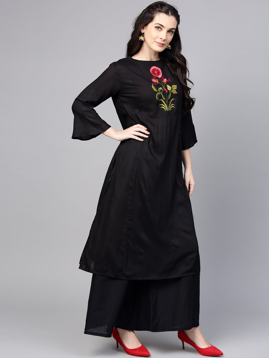 Women's Black Yoke Design Kurta With Palazzos
