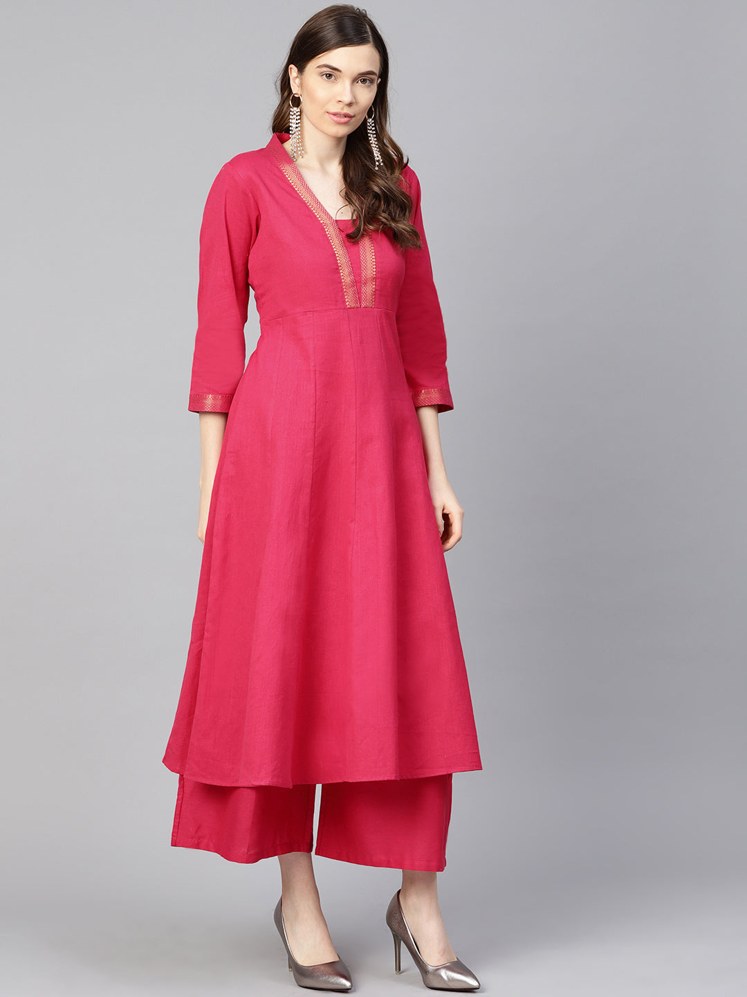 Women's Pink Solid Kurta With Palazzos - Bhama Couture