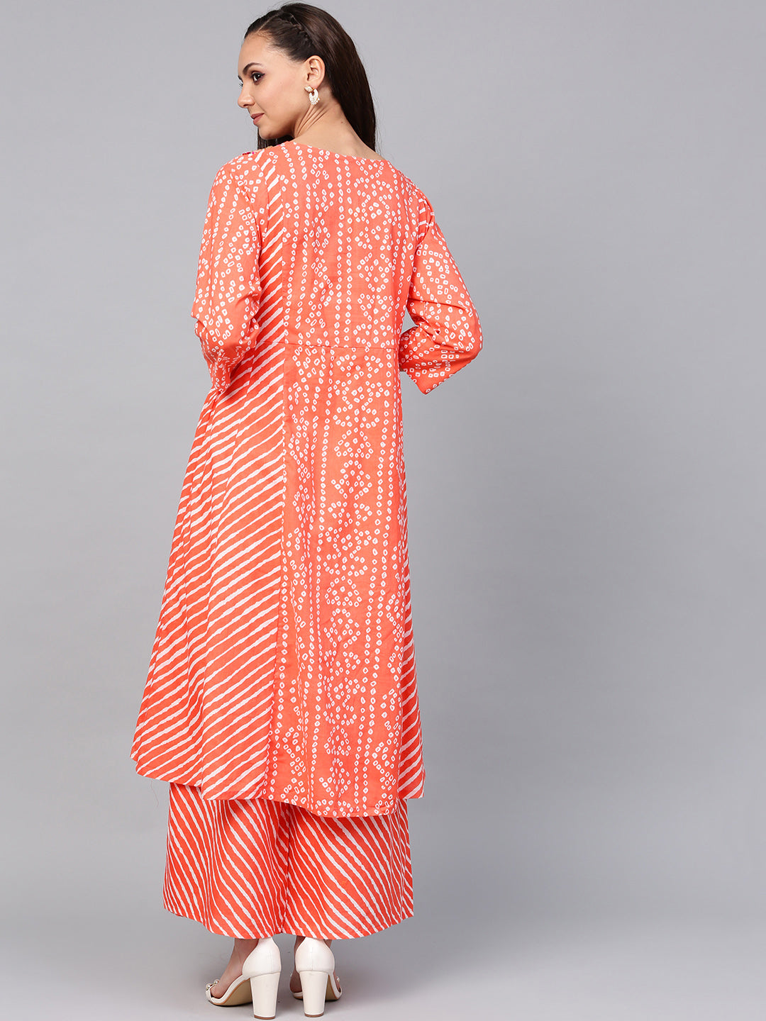 Women's Orange Bandhej Lace Work Kurta With Palazzos - Bhama Couture