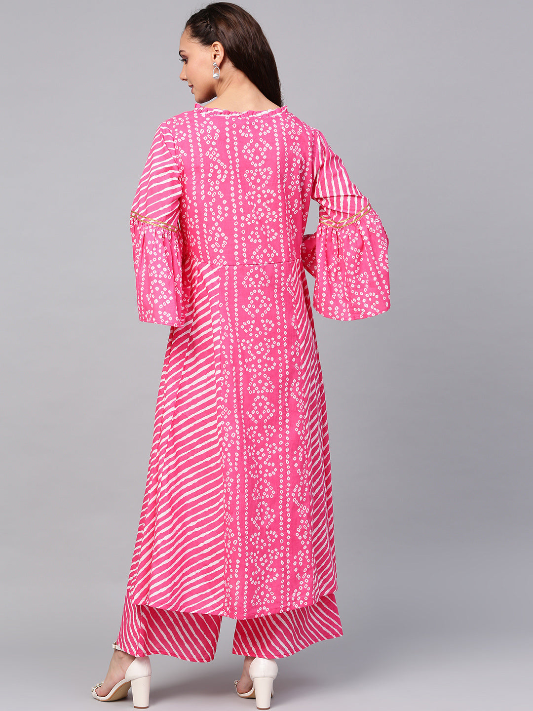 Women's Pink And White Bandhani Print Kurta With Palazzos - Bhama Couture