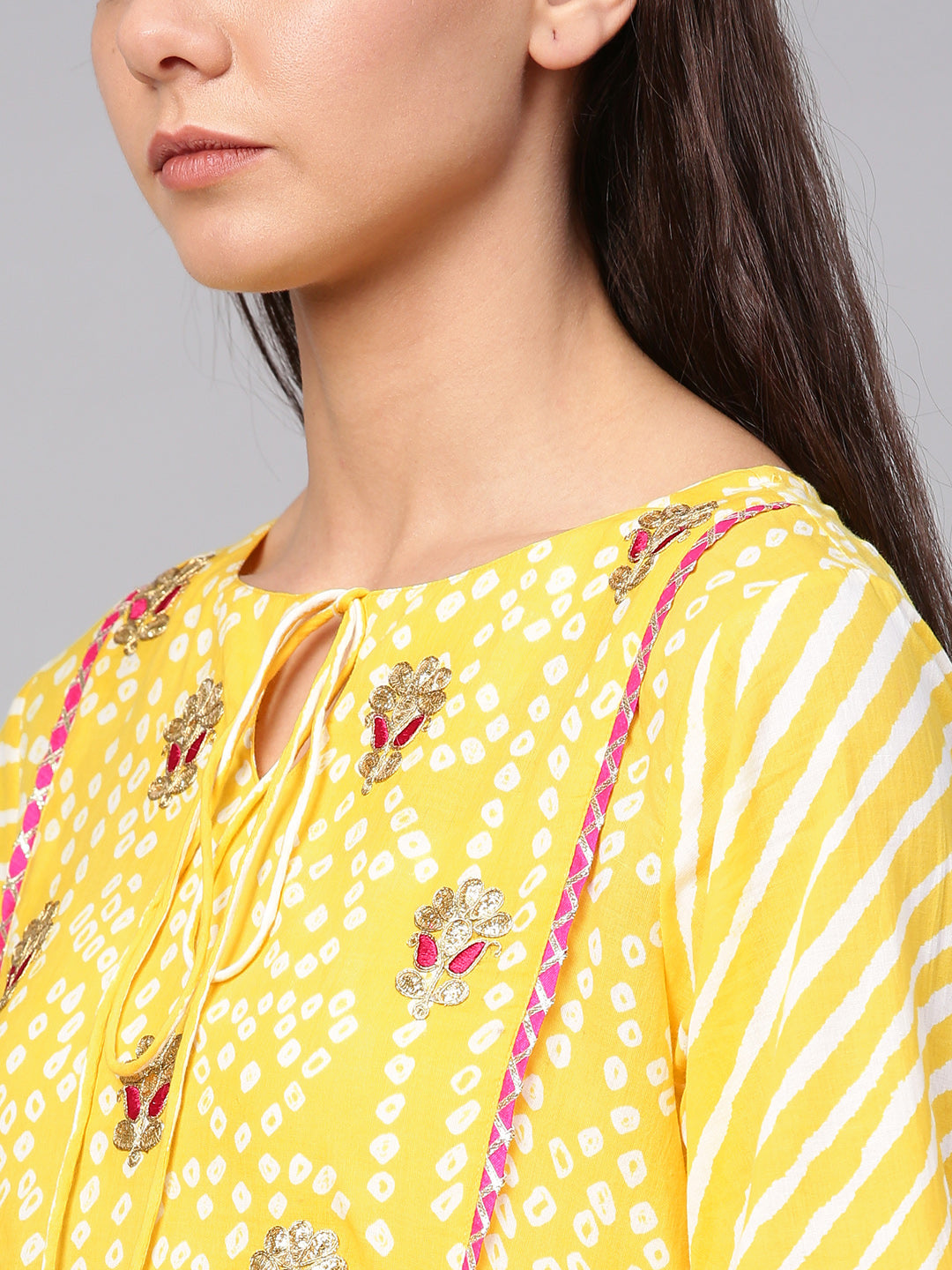 Women's Yellow & White Bandhani Print Kurta With Palazzos - Bhama Couture