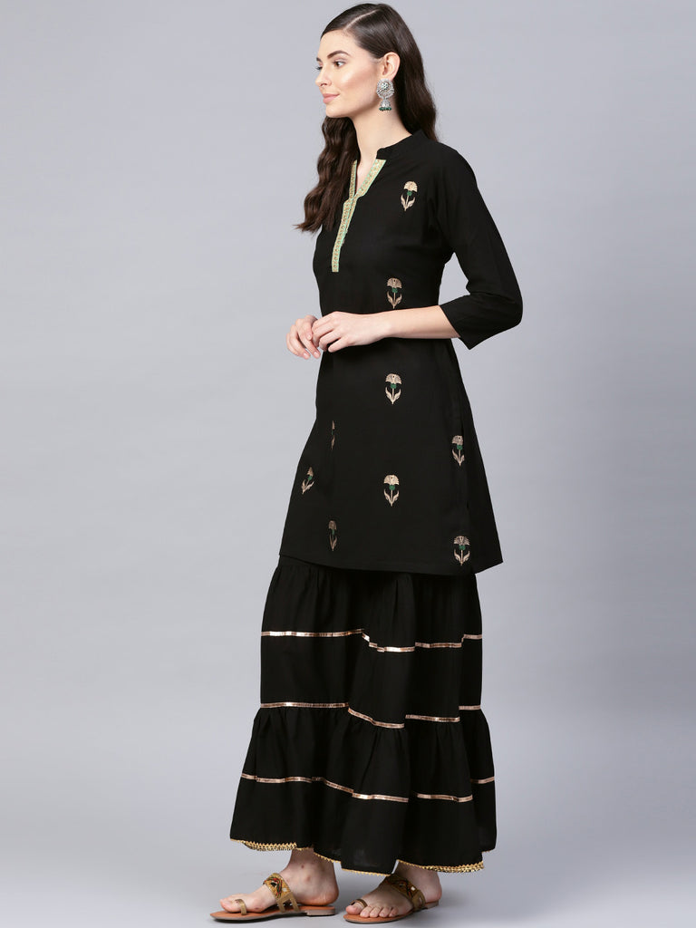 Women's Black Foil Print Kurta With Black Gotta Details Sharara