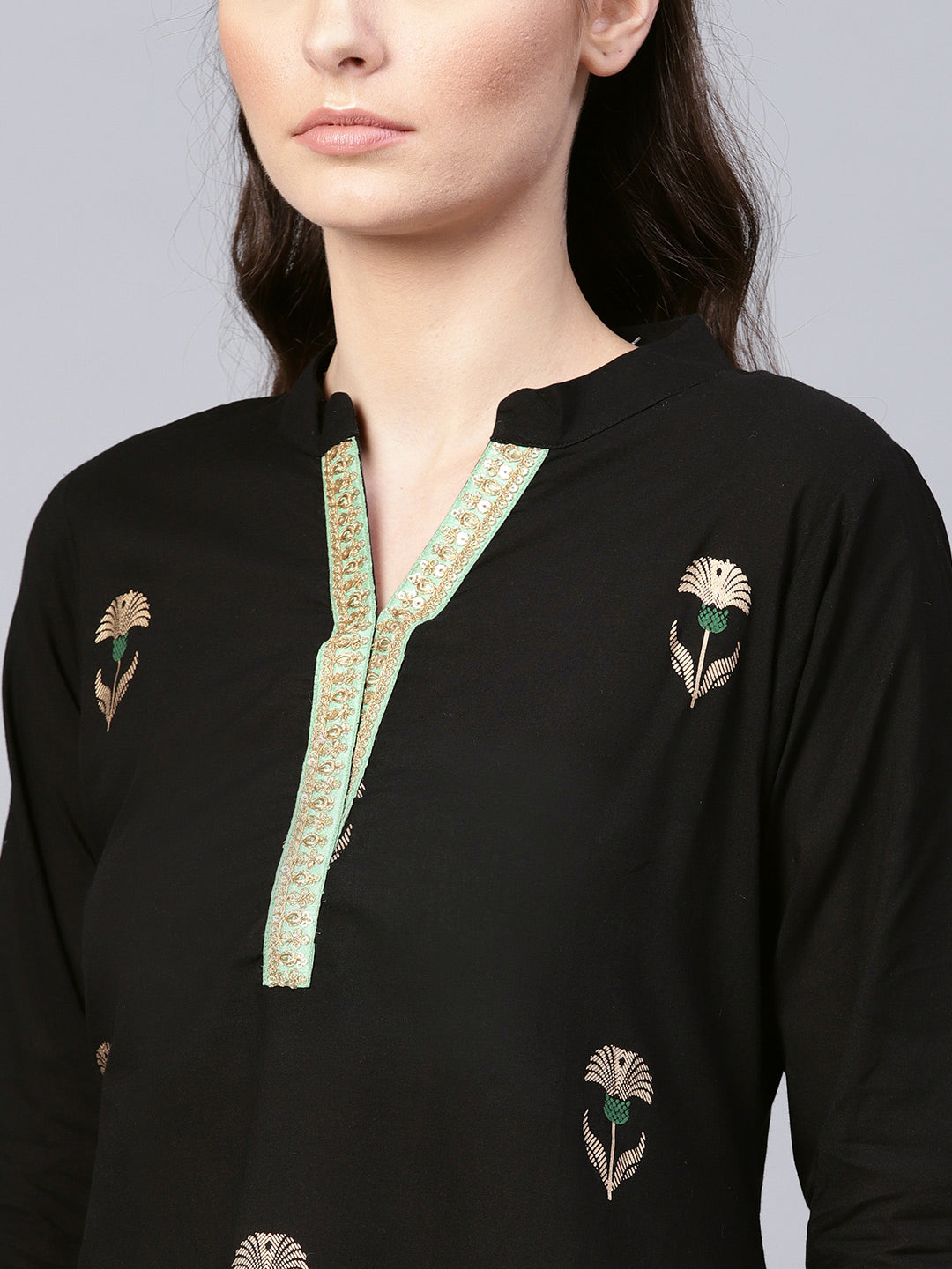 Women's Black Foil Print Kurta With Black Gotta Details Sharara - Bhama Couture