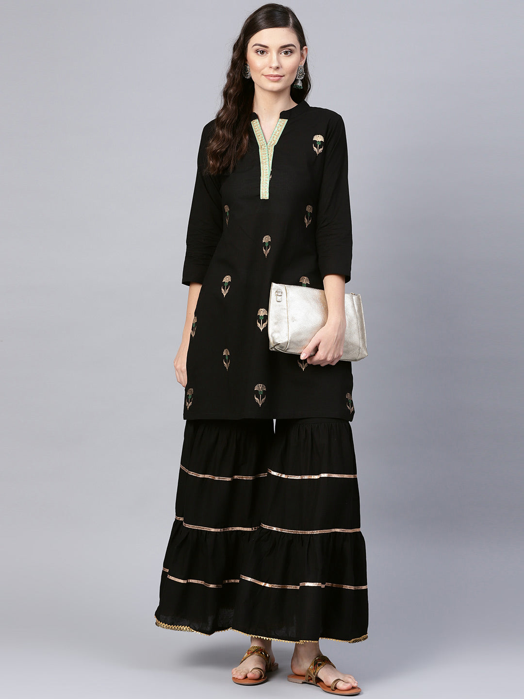 Women's Black Foil Print Kurta With Black Gotta Details Sharara - Bhama Couture