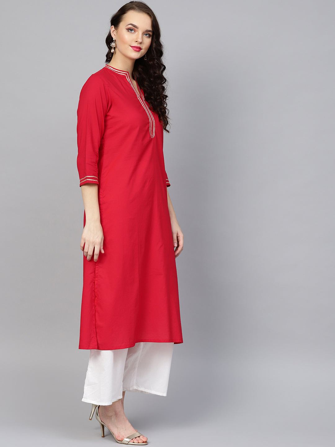 Women's Red Solid Kurta With Off White Solid Palazzos - Bhama Couture