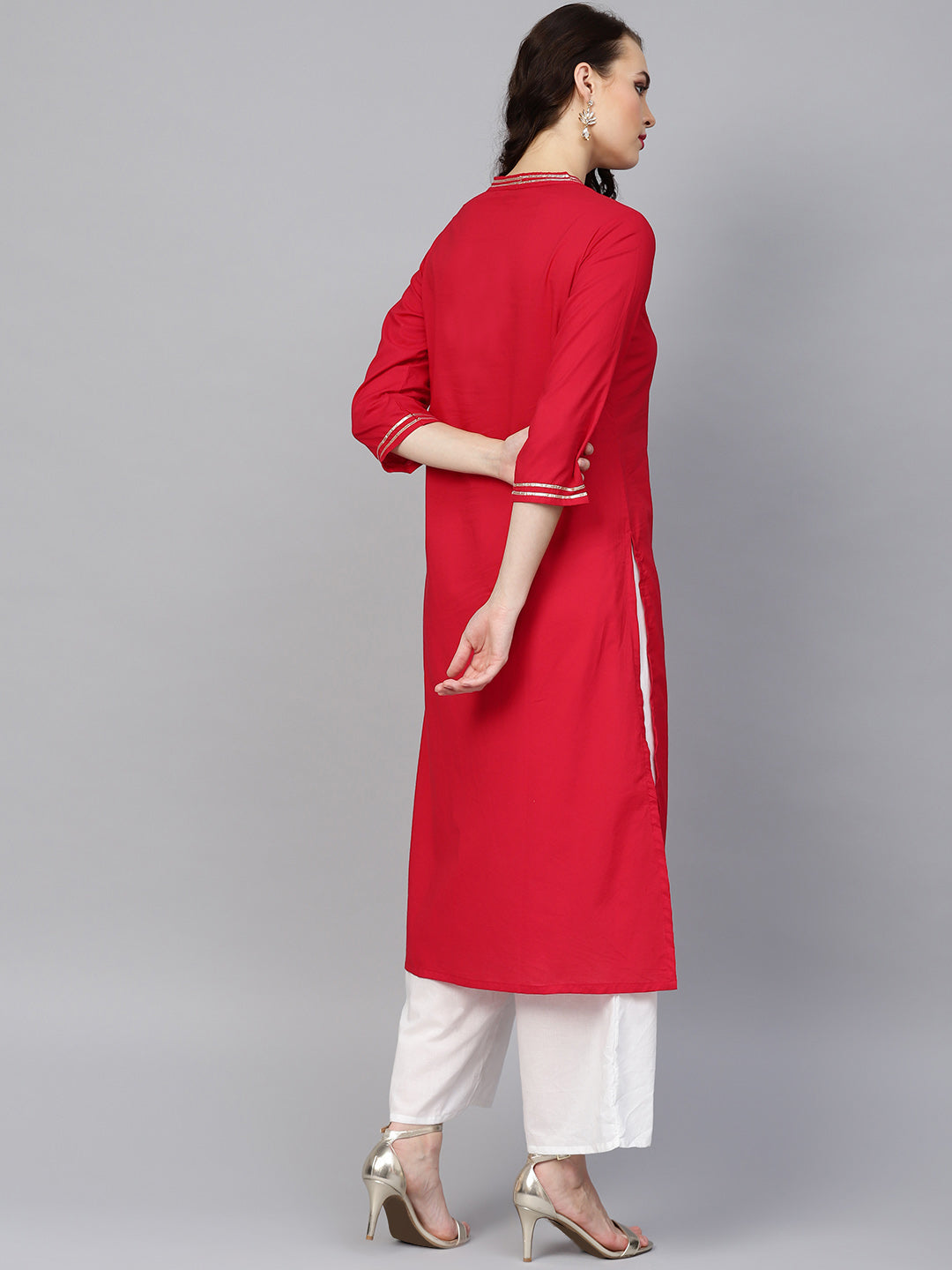 Women's Red Solid Kurta With Off White Solid Palazzos - Bhama Couture