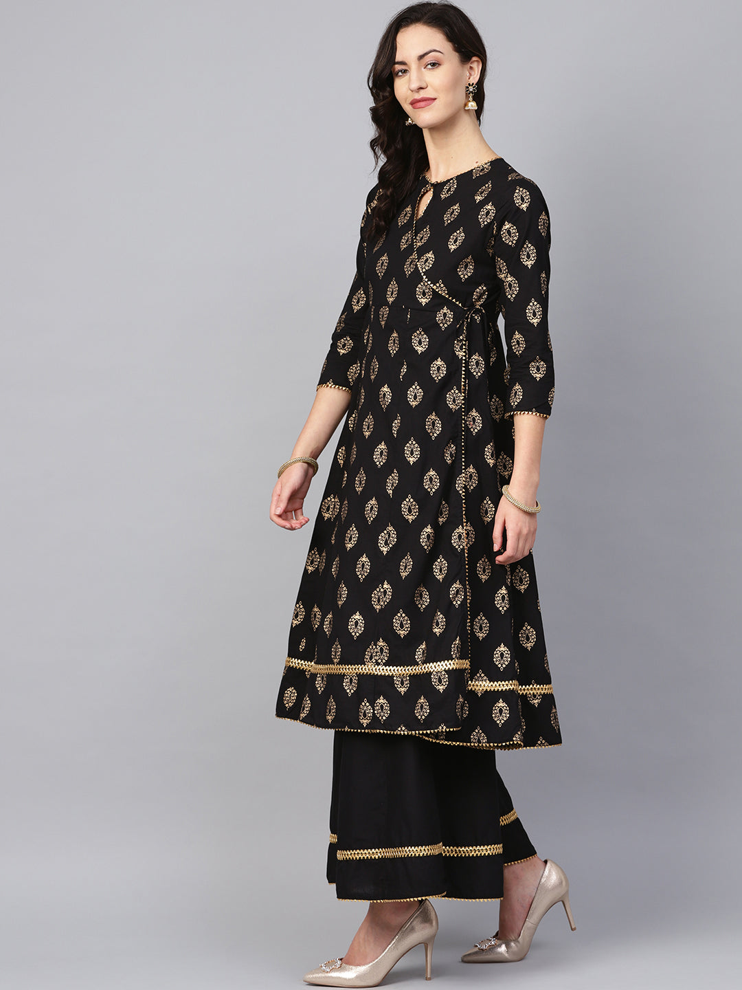 Women's Black And Golden Printed Kurta With Palazzos - Bhama Couture