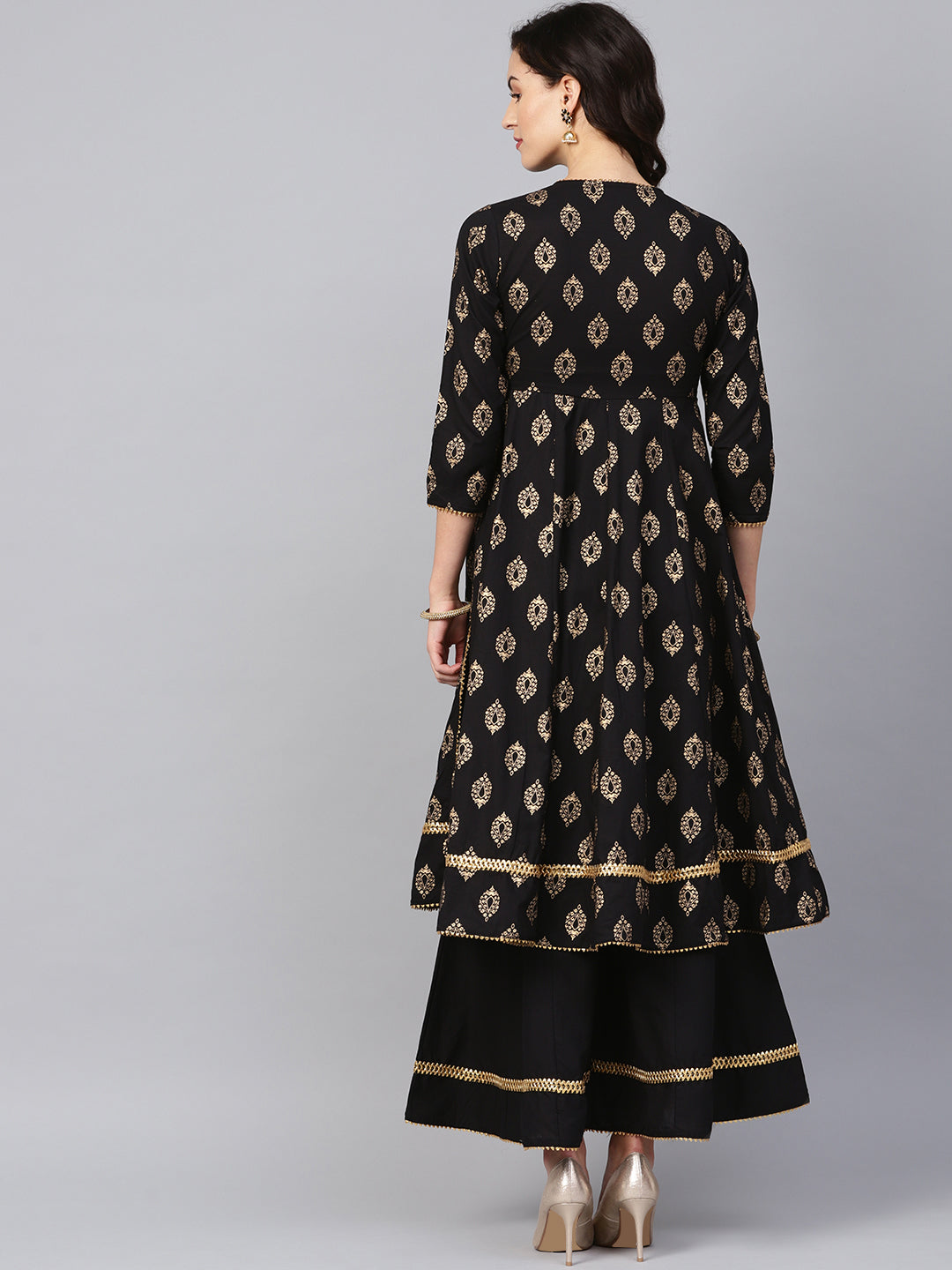 Women's Black And Golden Printed Kurta With Palazzos - Bhama Couture