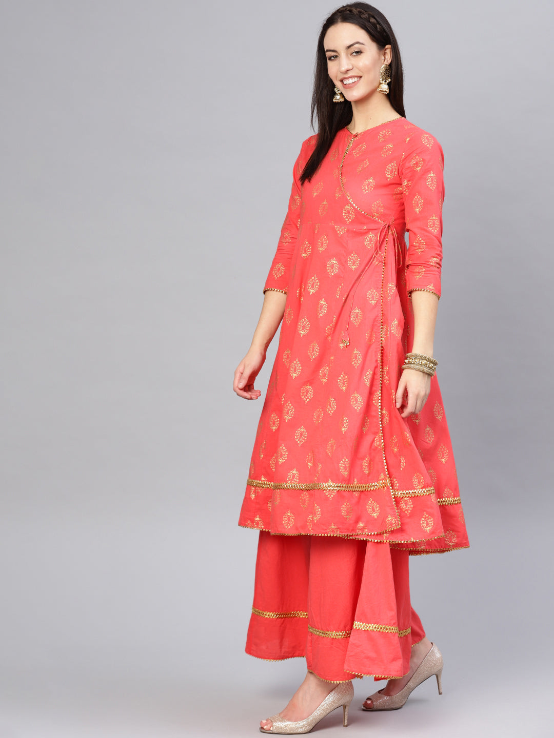 Women's Peach And Golden Printed Kurta With Palazzos - Bhama Couture