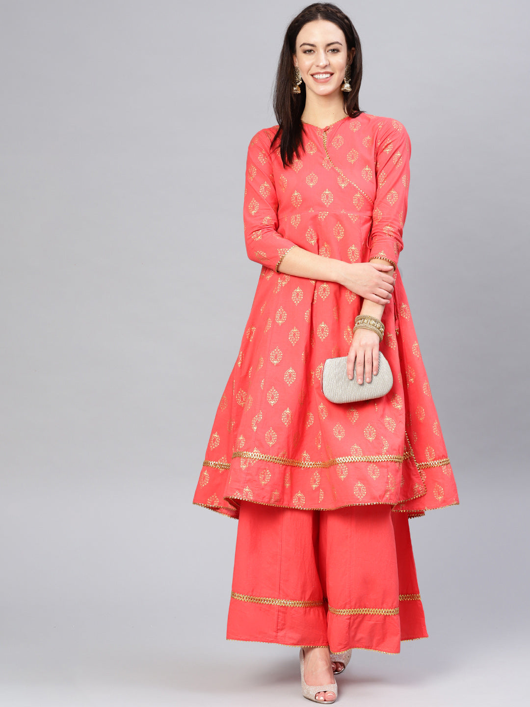 Women's Peach And Golden Printed Kurta With Palazzos - Bhama Couture