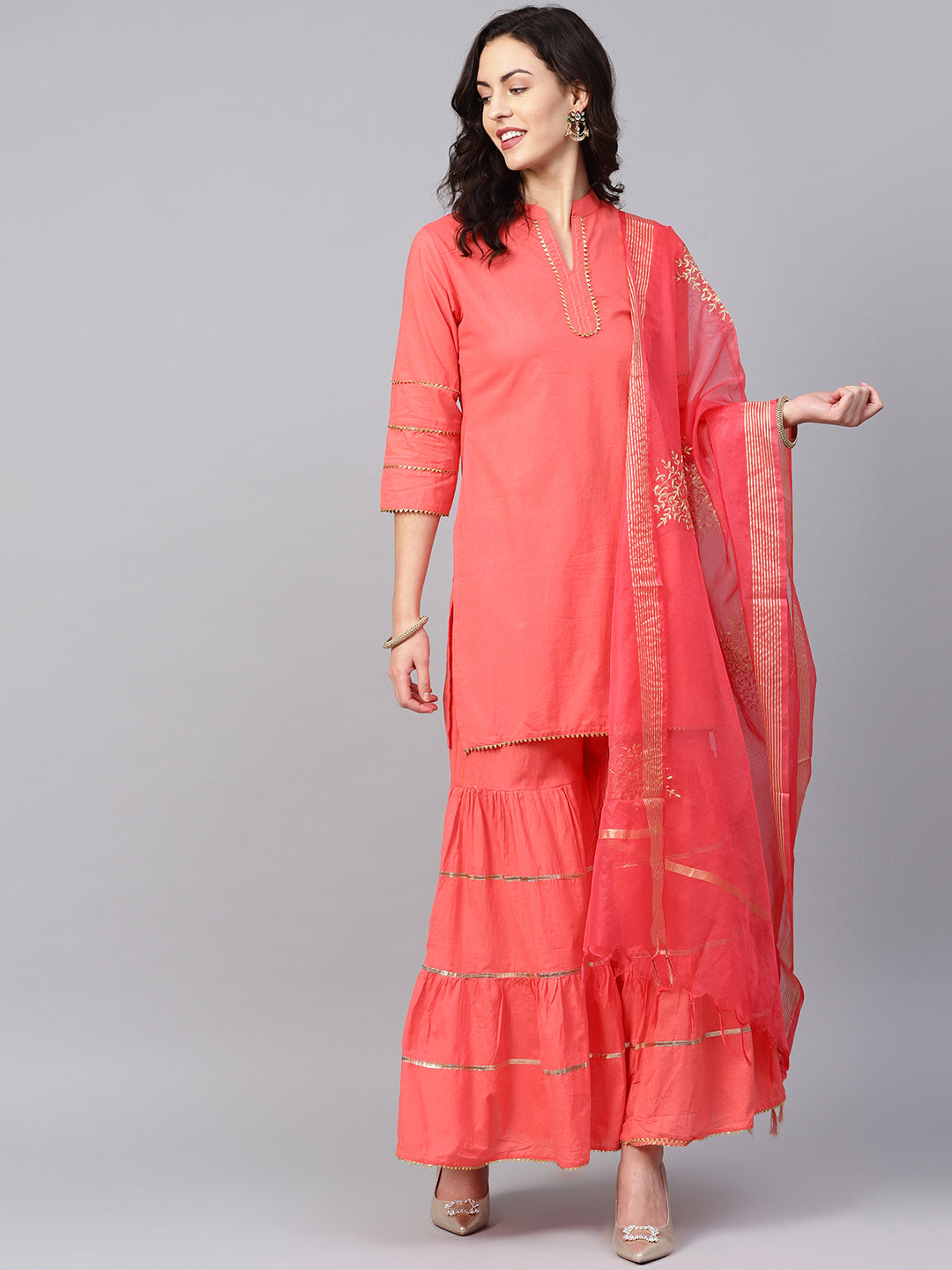 Women's Peach Solid Kurta With Sharara And