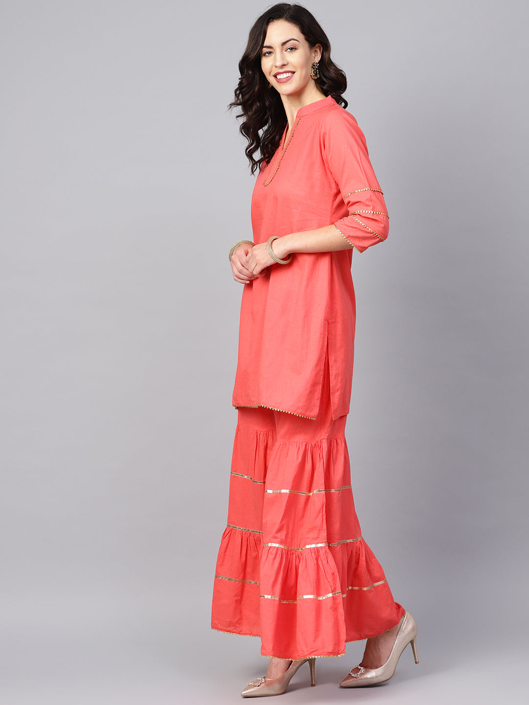 Women's Peach Solid Kurta With Sharara And Dupatta - Bhama Couture
