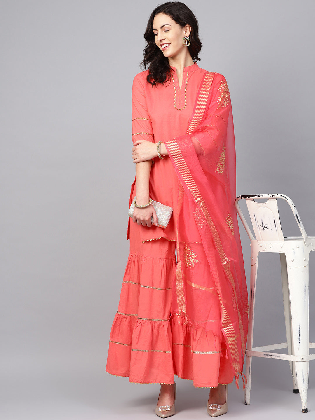 Women's Peach Solid Kurta With Sharara And
