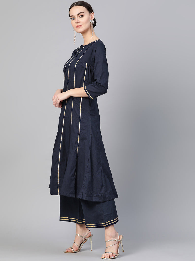 Women's Navy Blue Gottta Patti Striped Kurta With Palazzos