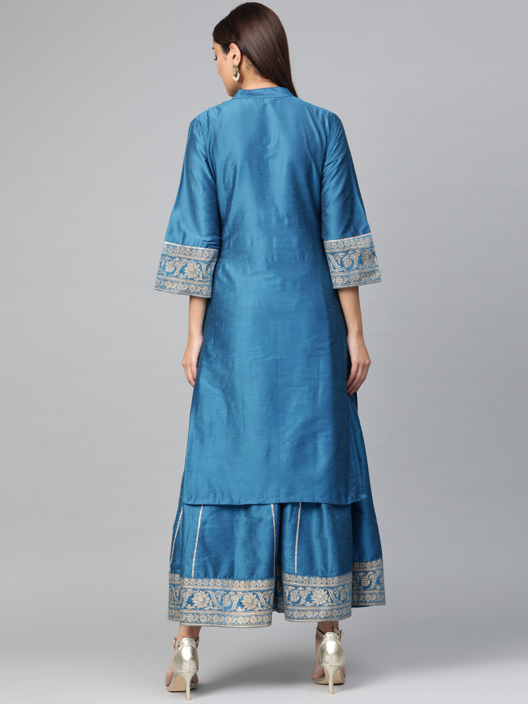 Women's Blue And Golden Yoke Design Foil Print Kurta With Palazzos - Bhama Couture