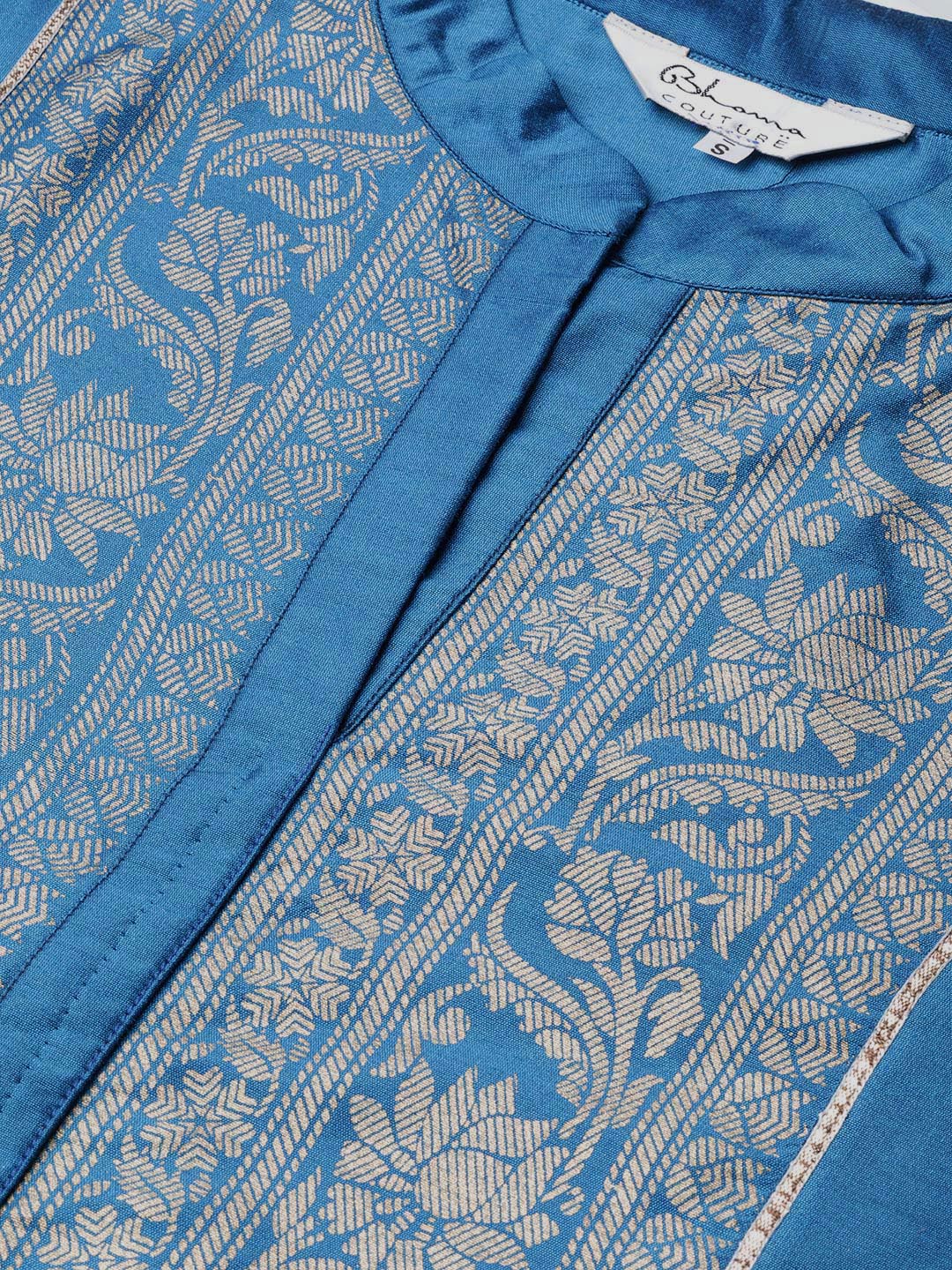 Women's Blue And Golden Yoke Design Foil Print Kurta With Palazzos - Bhama Couture
