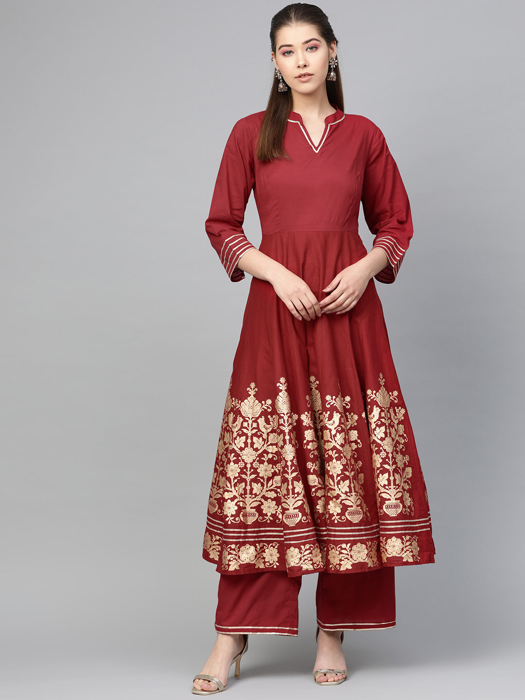 Women's Maroon And Golden Printed Kurta With Palazzos - Bhama Couture