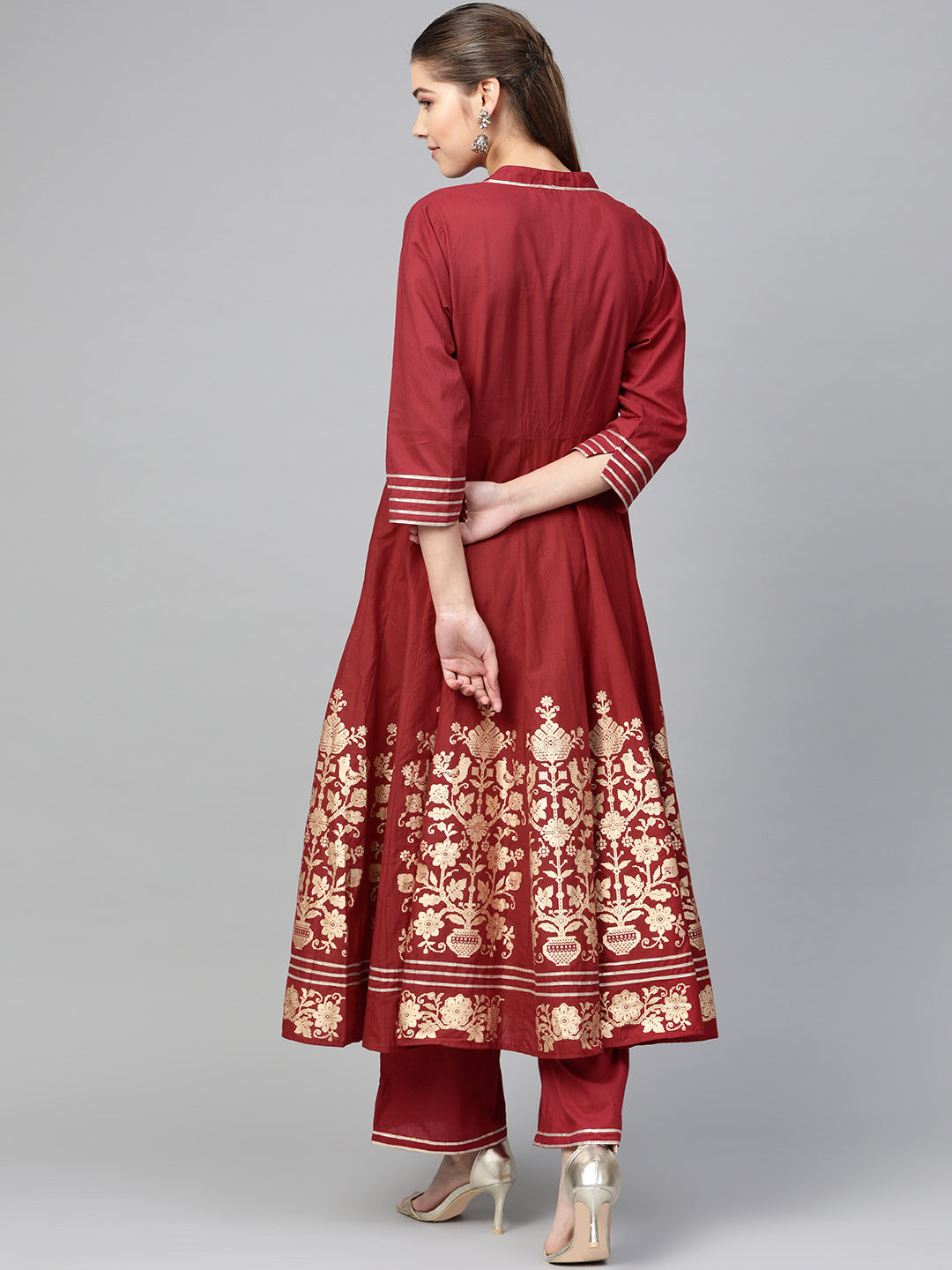 Women's Maroon And Golden Printed Kurta With Palazzos - Bhama Couture