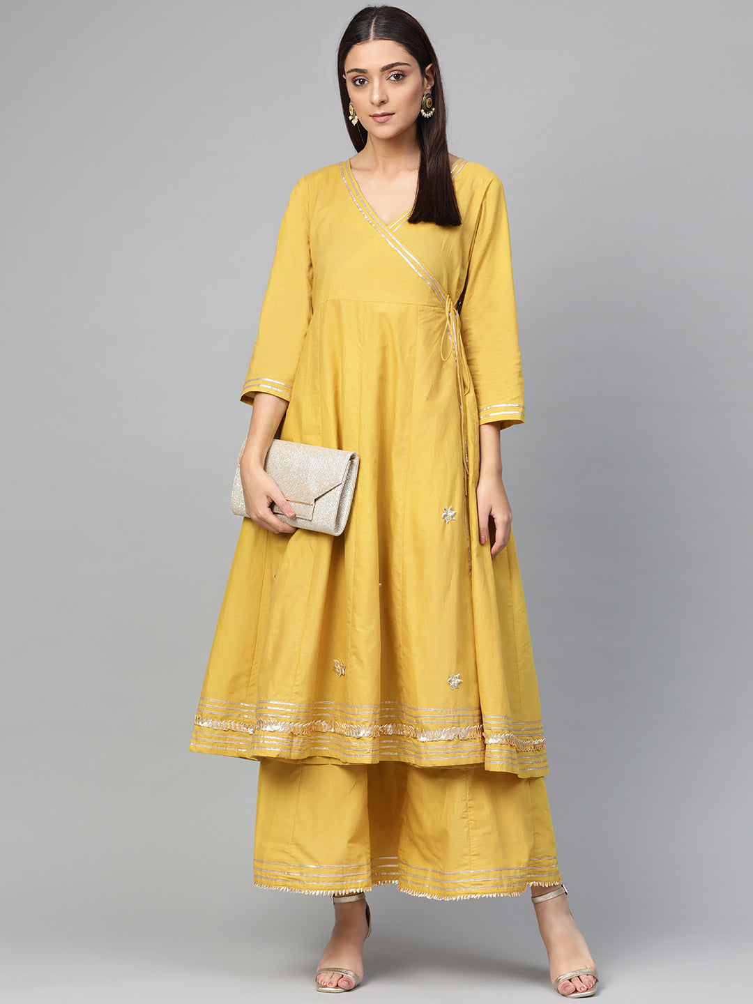 Women's Mustard Yellow Solid Gotta Detailing Kurta & Mustard Gotta Lace Skirt - Bhama Couture