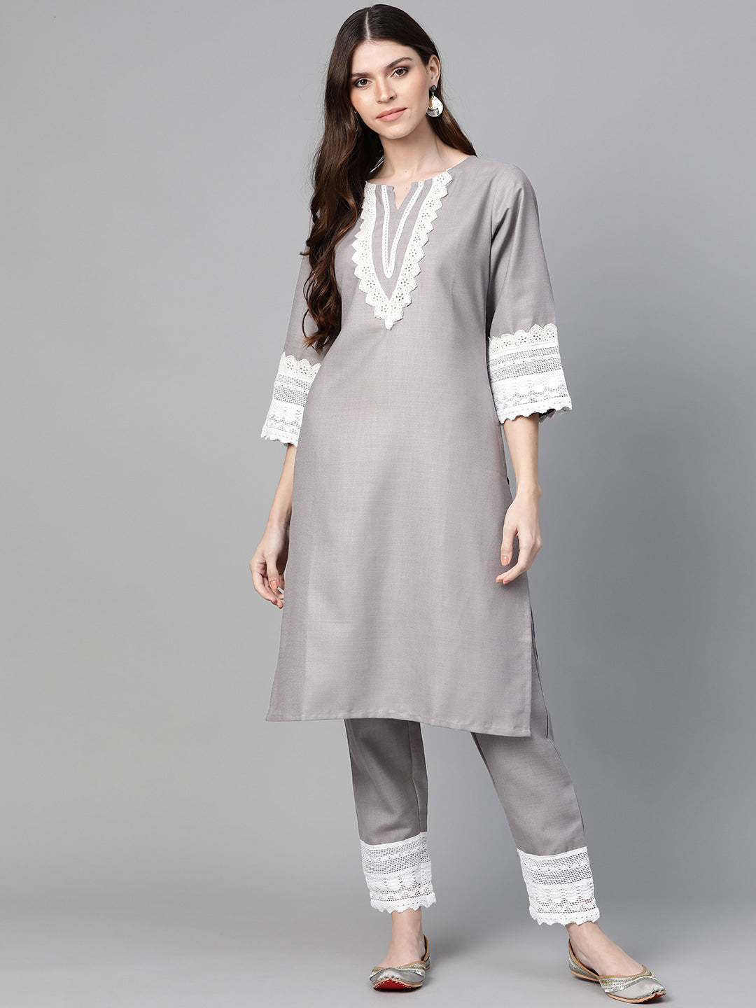 Women's Grey Solid Kurta & Trousers With Lace Insert Detail - Bhama Couture