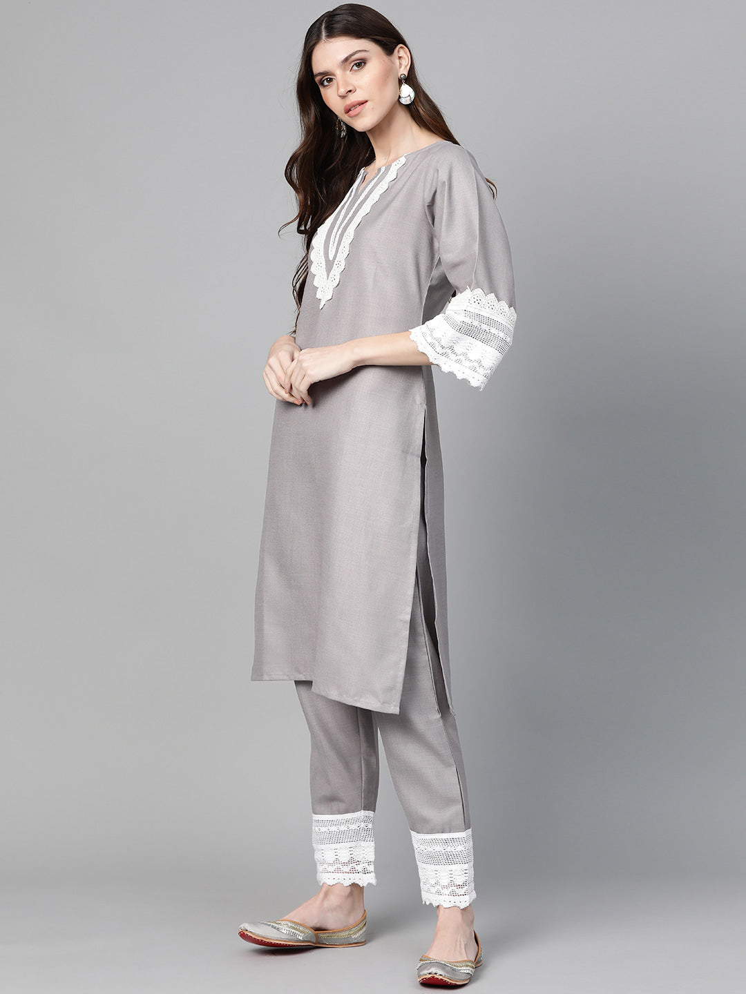 Women's Grey Solid Kurta & Trousers With Lace Insert Detail - Bhama Couture
