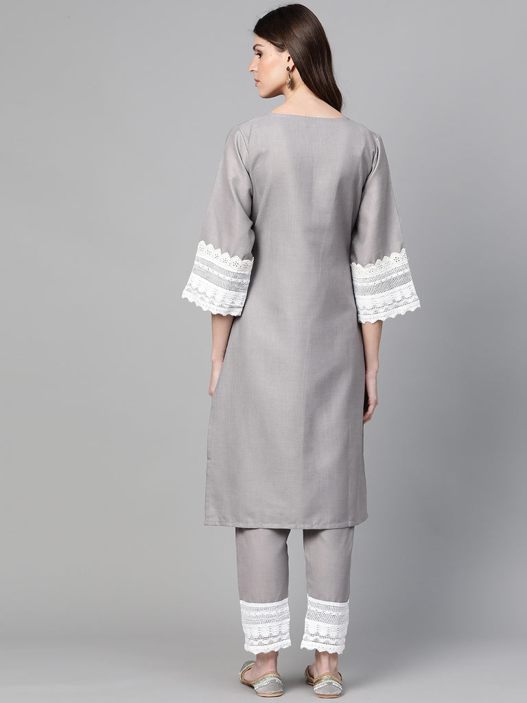 Women's Grey Solid Kurta & Trousers With Lace Insert Detail