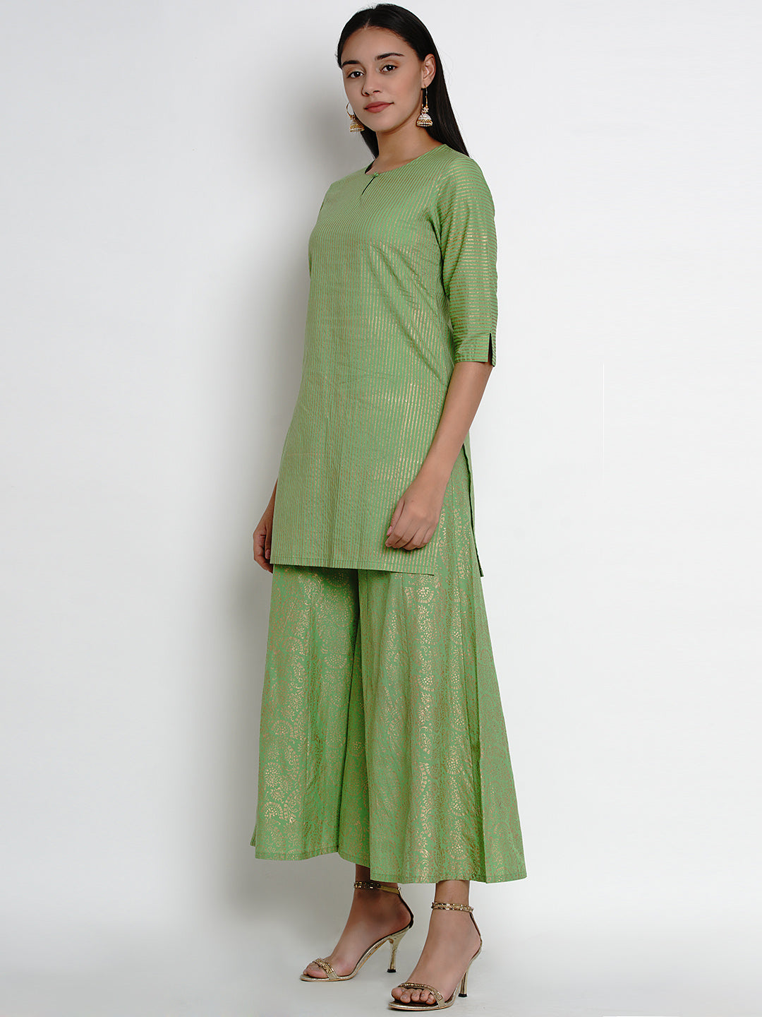 Women's Green And Gold-Toned Striped Kurta With Palazzos - Bhama Couture