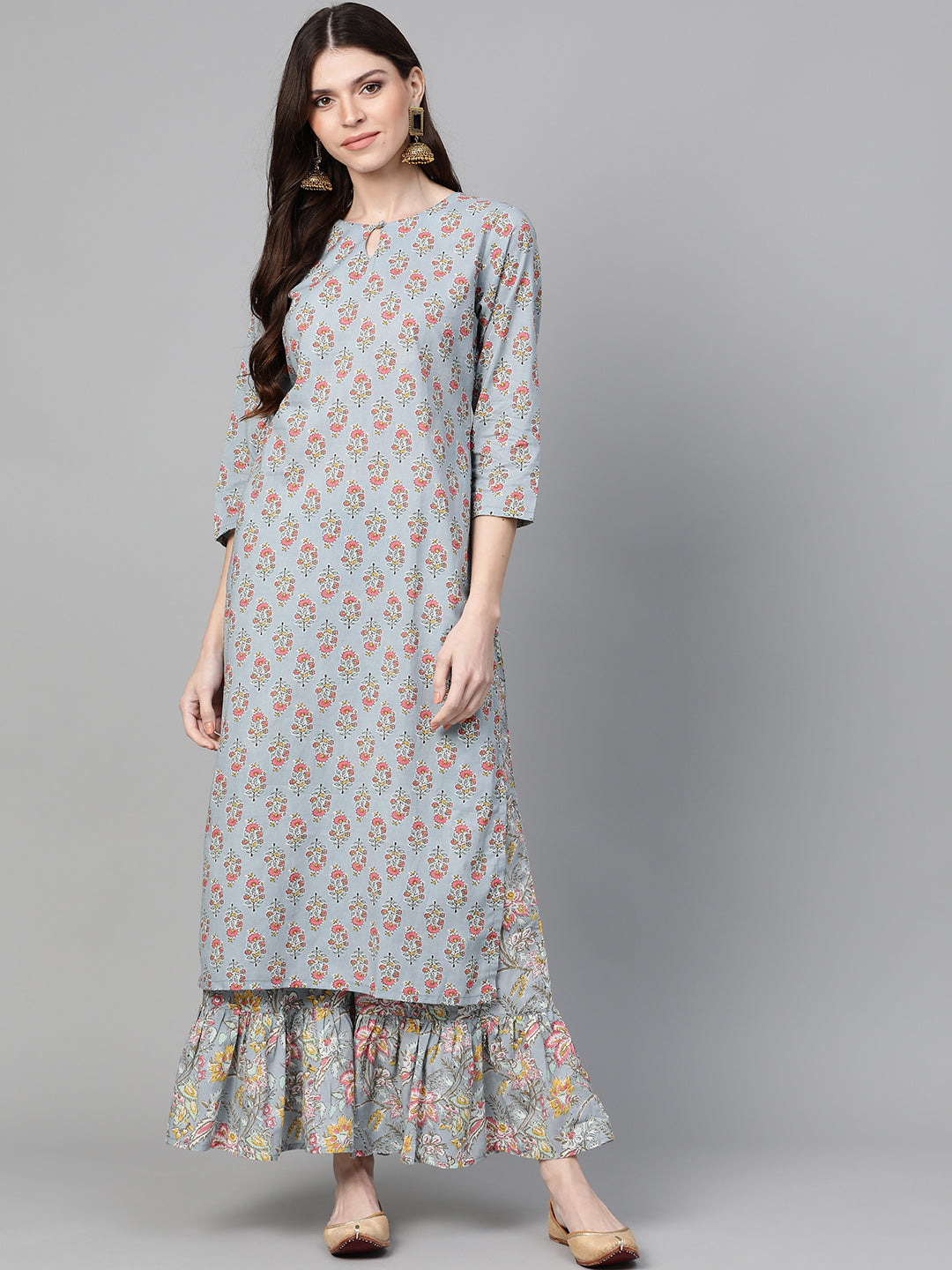 Women's Grey And Pink Floral Print Kurta With Palazzos - Bhama Couture
