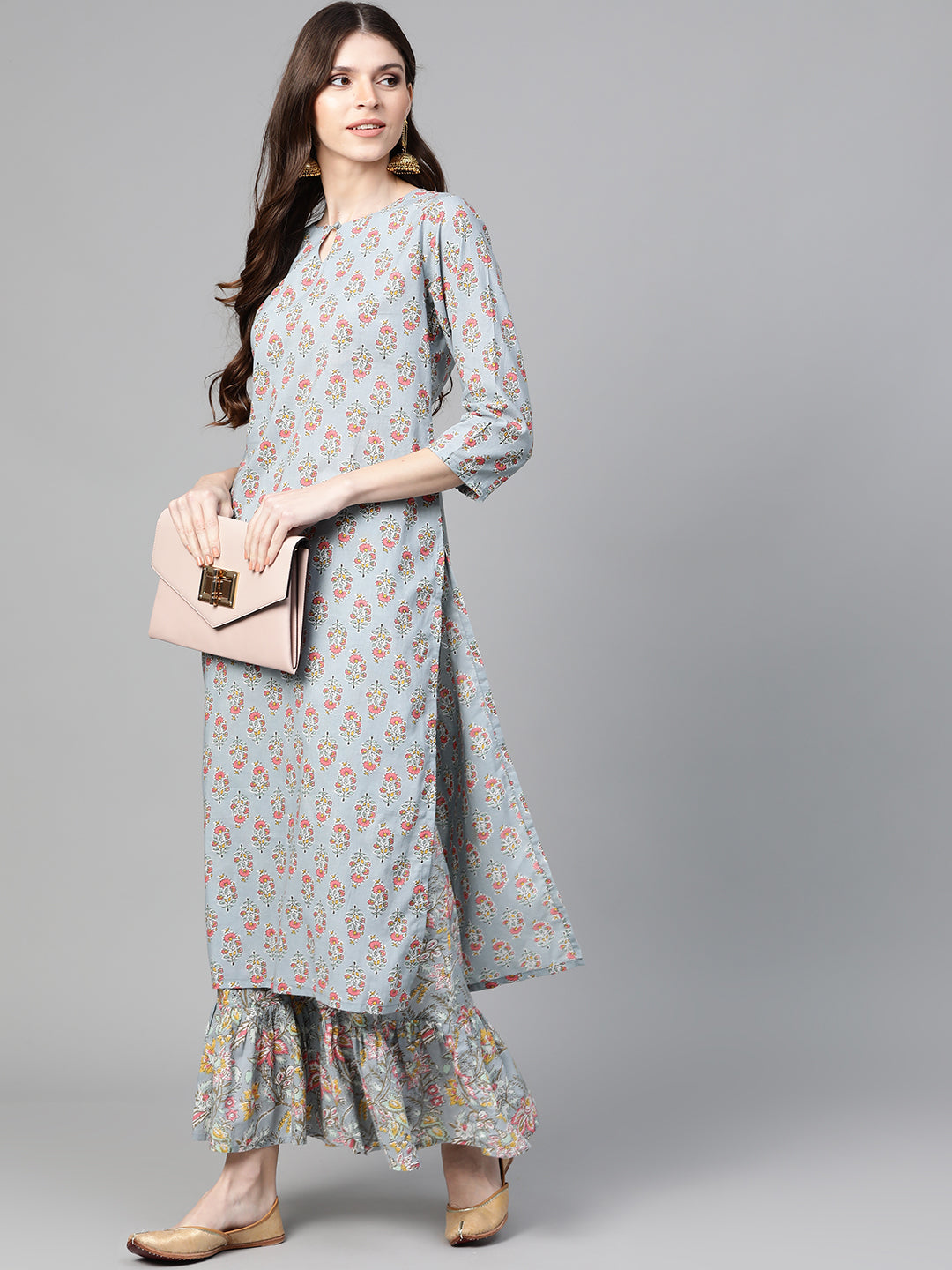 Women's Grey And Pink Floral Print Kurta With Palazzos - Bhama Couture