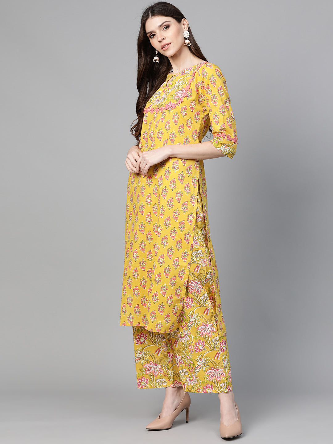 Women's Mustard Yellow And Coral Pink Floral Print Kurta With Palazzos - Bhama Couture