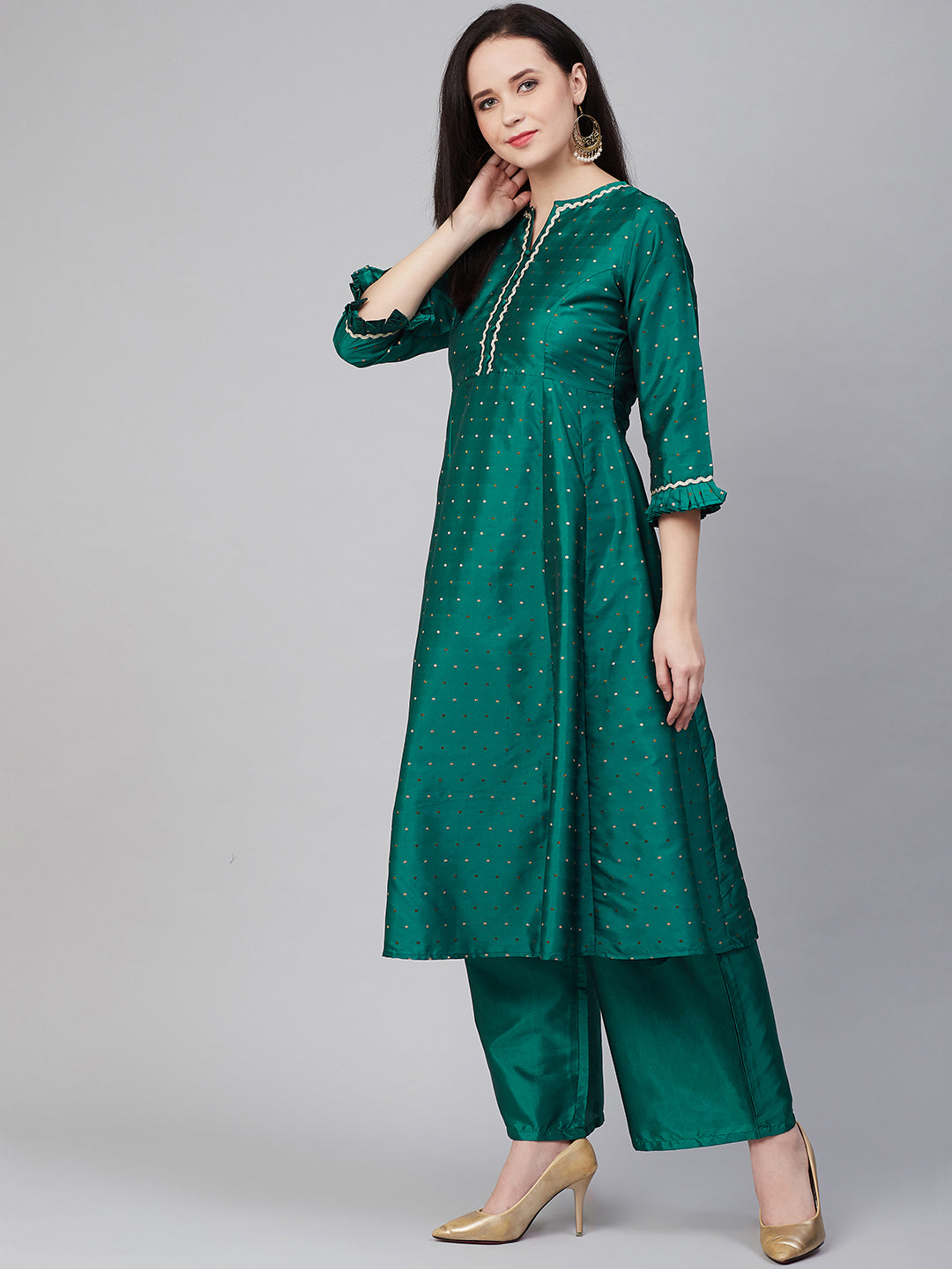 Women's Green And Golden Woven Design Kurta With Palazzos - Bhama Couture