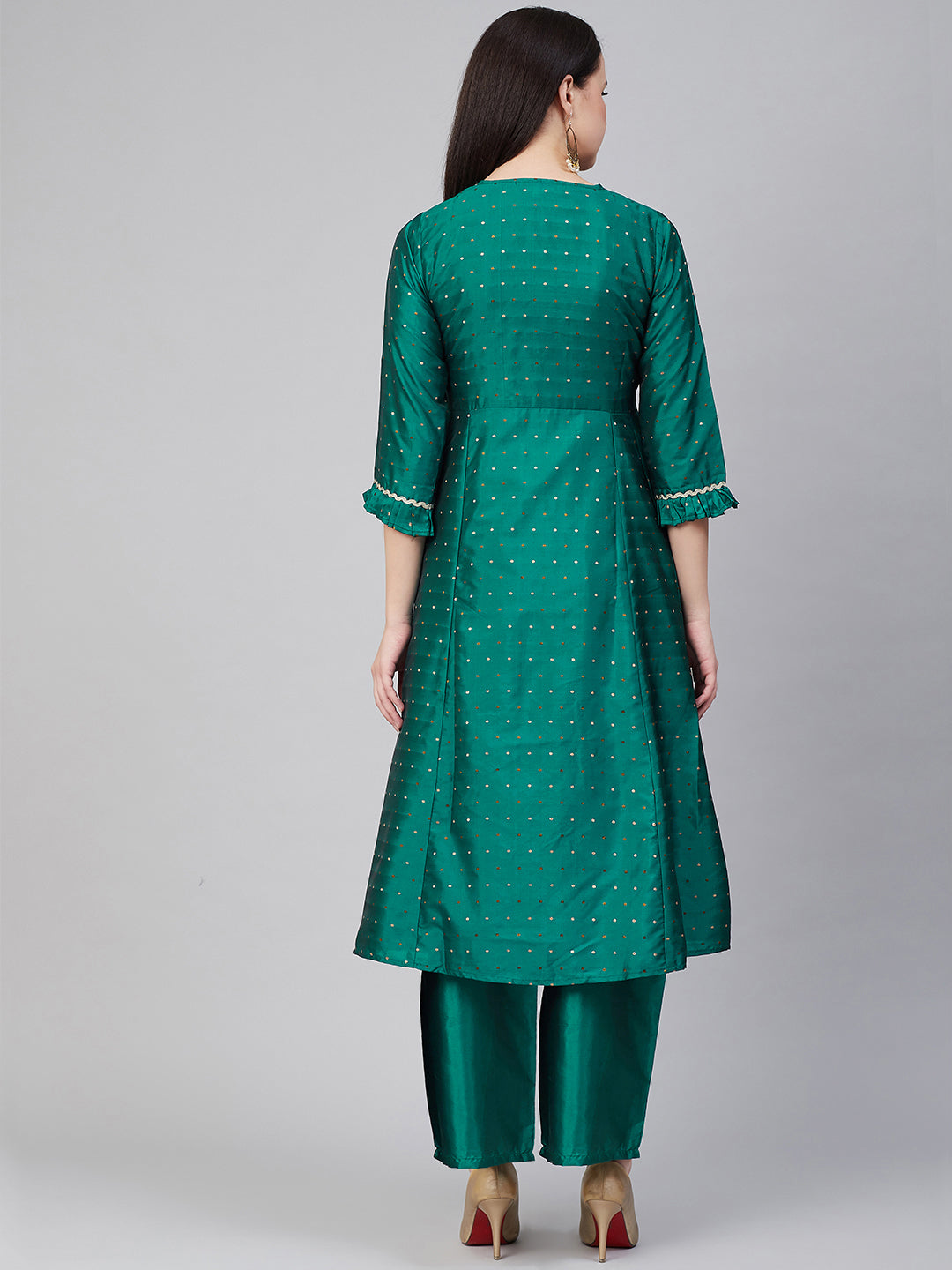 Women's Green And Golden Woven Design Kurta With Palazzos - Bhama Couture
