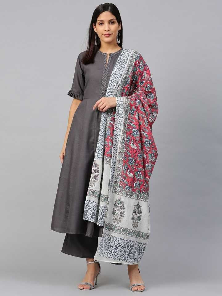 Women's Grey Solid Kurta With Palazzo & Printed Dupatta - Bhama Couture