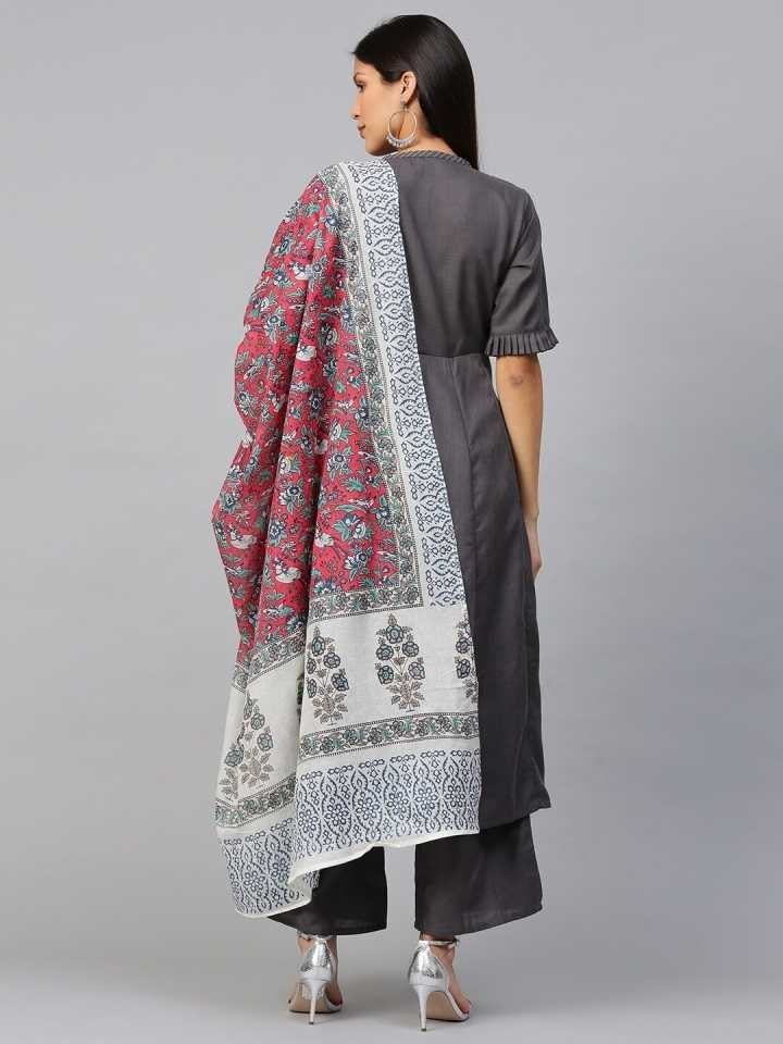 Women's Grey Solid Kurta With Palazzo & Printed Dupatta - Bhama Couture