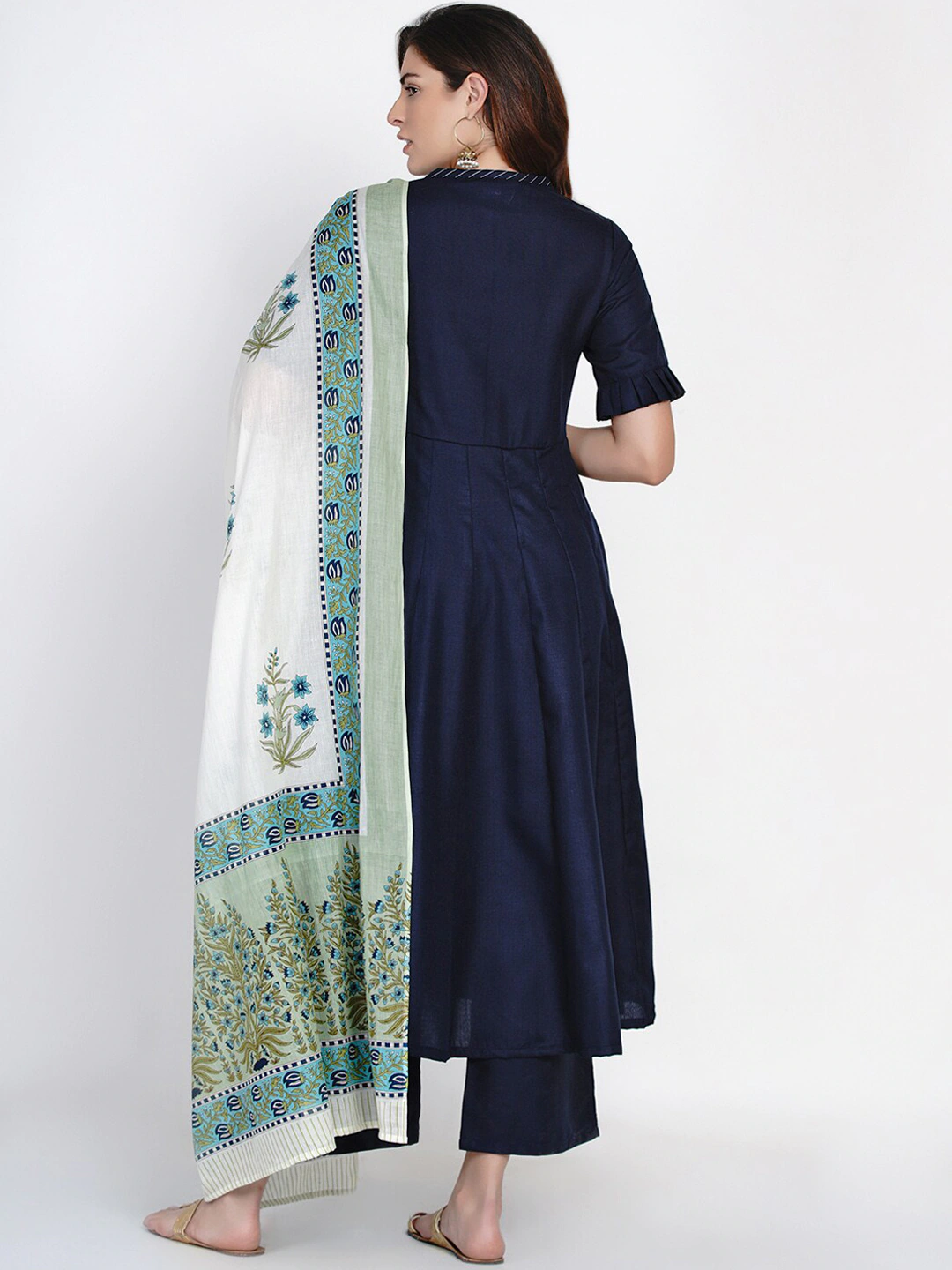 Women's Blue Solid Kurta With Palazzo & Printed Dupatta - Bhama Couture