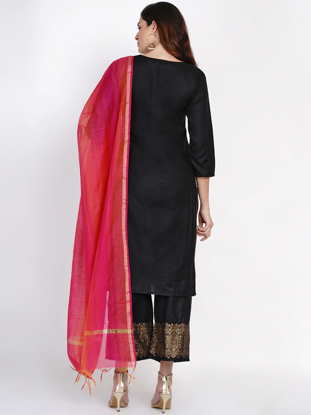 Women's Black And Golden Embroidered Kurta With Palazzos And Dupatta - Bhama Couture