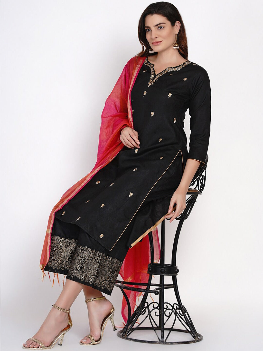Women's Black And Golden Embroidered Kurta With Palazzos And Dupatta - Bhama Couture